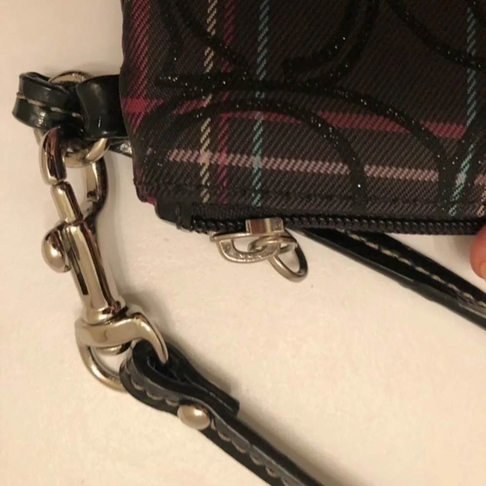Coach pink black plaid wristlet
